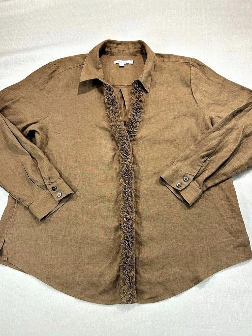 Chico’s Brown 100% Linen Fringe Trim Boho Button Down Shirt Size 12 / 2